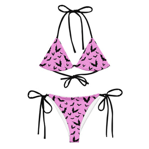Bat Print Pink & Black String Bikini Set